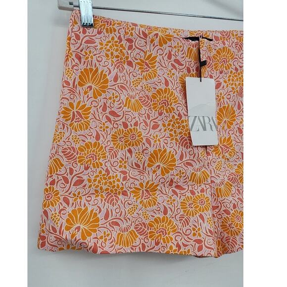New NWT Zara Linen Cotton Floral Shorts Size Large Pink Orange - Picture 5 of 11